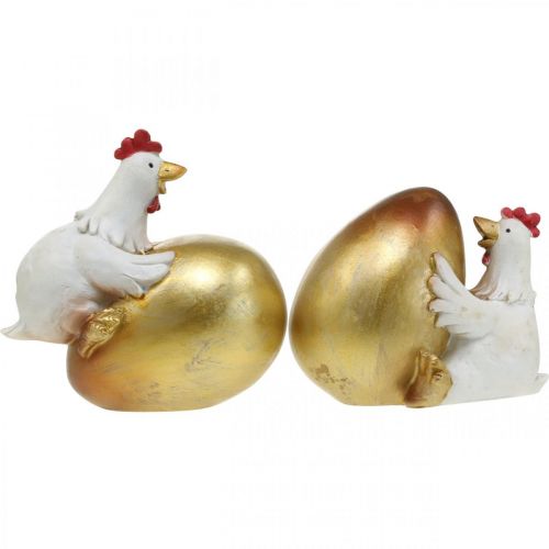 Floristik24 Pollos decorativos con huevo de Pascua, pollos de Pascua, huevo de oro, decoración de Pascua H12/11cm juego de 2