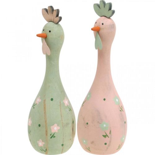 Floristik24 Deco pollo madera rosa, verde Pascua decoración figura Ø5cm H15cm 2pcs