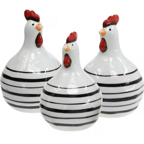Gallina decorativa cerámica blanca rayas negras redonda Ø 7cm H11cm 3 uds