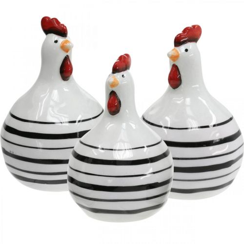 Artículo Pollo decorativo de cerámica blanco con rayas negras redondo Ø 7cm H11cm 3pcs