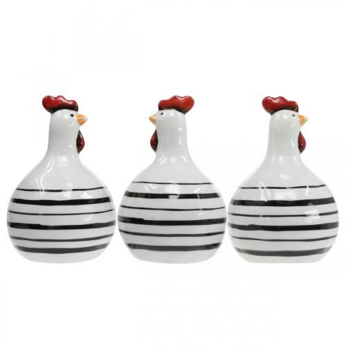 Artículo Gallina decorativa cerámica blanca rayas negras redonda Ø 7cm H11cm 3 uds