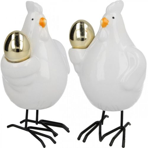 Floristik24 Gallina decorativa con huevo dorado, figura de Pascua porcelana, decoración Pascua gallina H12cm 2pcs