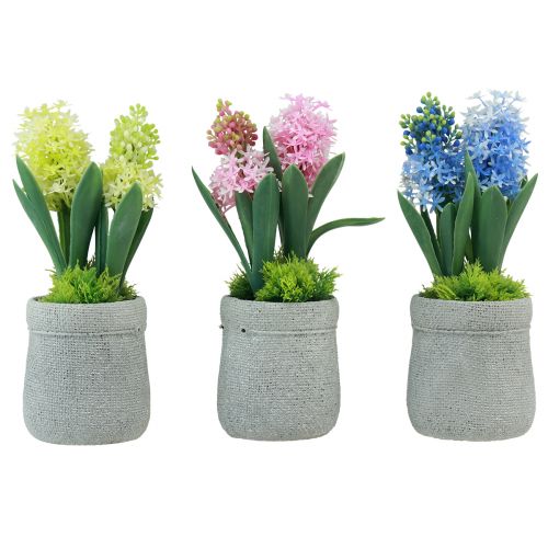 Jacinto artificial en maceta amarillo rosa azul H23cm 3ud