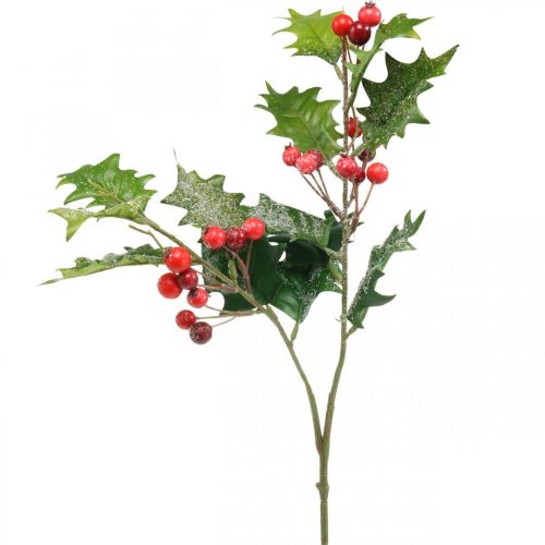 Floristik24 Rama de acebo artificial, bayas de invierno, adornos navideños, acebo verde cubierto de nieve, rojo L63cm