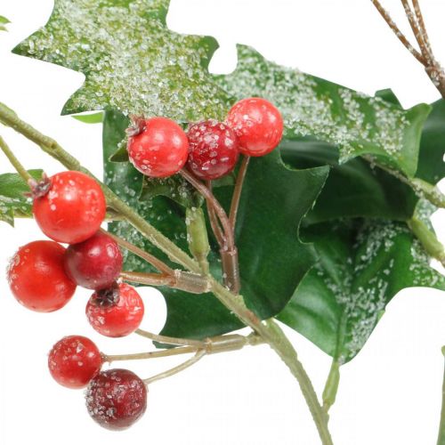 Floristik24 Rama de acebo artificial, bayas de invierno, adornos navideños, acebo verde cubierto de nieve, rojo L63cm