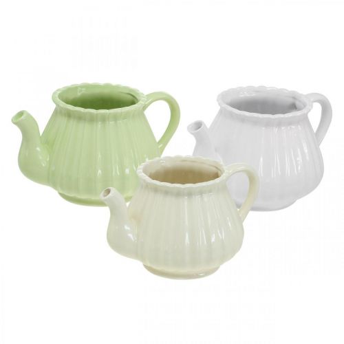 Artículo Cafetera de cerámica decorativa, macetero verde, blanco, crema L19cm Ø7.5cm