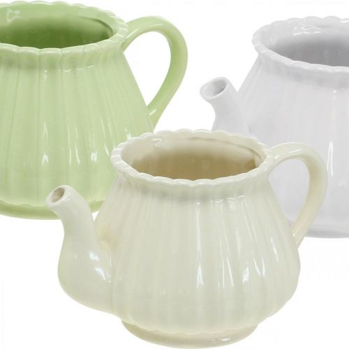 Artículo Cafetera de cerámica decorativa, macetero verde, blanco, crema L19cm Ø7.5cm