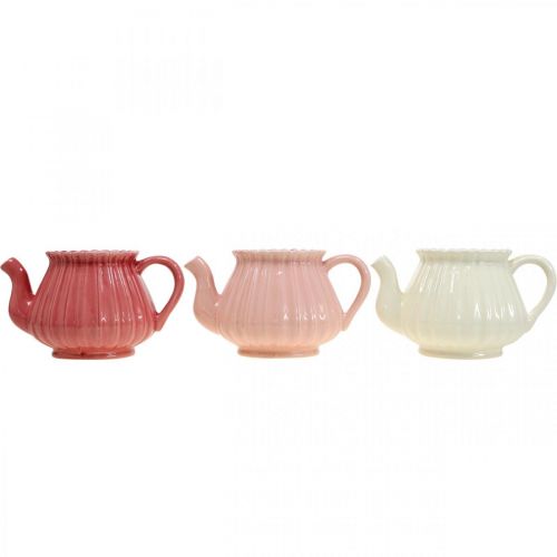 Floristik24 Tetera decorativa maceta de cerámica rosa, roja, blanca L19cm 3pcs