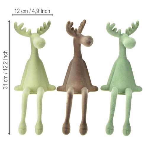 Artículo Taburete de borde con decoración de alce flocado verde marrón menta 31 cm 3 piezas