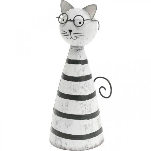 Gato con gafas, figura decorativa para colocar, figura de gato metal blanco y negro H16cm Ø7cm