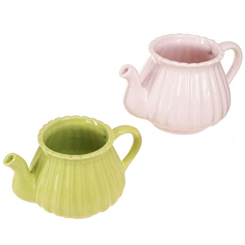 Artículo Jardinera tetera decorativa de cerámica rosa verde 19,5×13,5×11cm 2 piezas