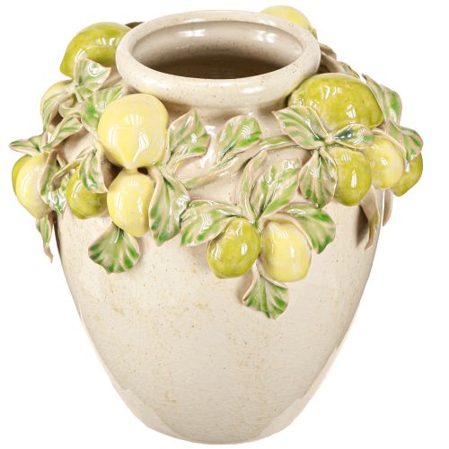 Floristik24 Jarrón de cerámica con decoración de limón, color verde mediterráneo y amarillo, altura 19 cm