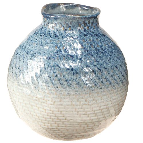 Artículo Jarrón de cerámica esmaltado azul y blanco aspecto trenzado H18,5cm