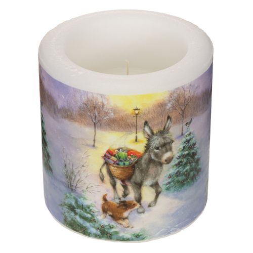 Vela cilíndrica con paisaje invernal, burro y perro, 10 cm. comprar | Floristik24.es
