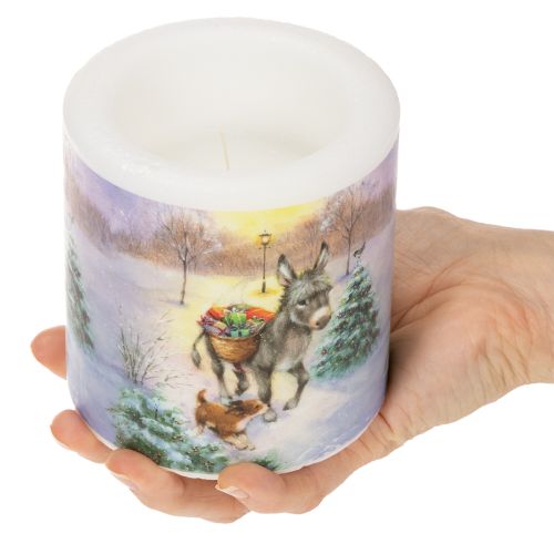 Vela cilíndrica con paisaje invernal, burro y perro, 10 cm. | Floristik24.es