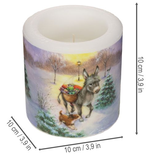 Vela cilíndrica con paisaje invernal, burro y perro, 10 cm. | Floristik24.es