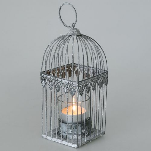 Floristik24 Decoración de velas, jaula de pájaros con cristal candelita, farol de metal, decoración de bodas, farol 22cm