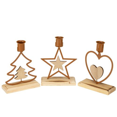 Artículo Velas candelabro estrella corazón abeto marrón H16.5cm surtido 3pcs