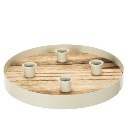 Portavelas para cuatro velas cónicas, bandeja redonda de madera, 25 cm.
