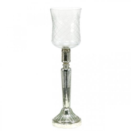 Linterna Candelabro de cristal aspecto envejecido plata Ø11,5cm H42,5cm