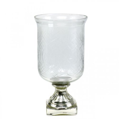Farol de cristal con base aspecto envejecido plata Ø17cm H31.5cm