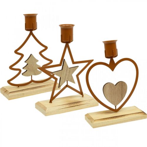 Floristik24 Velas candelabro estrella corazón abeto marrón H16.5cm surtido 3pcs