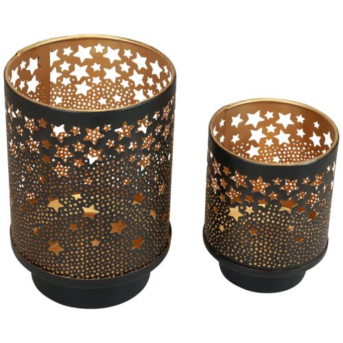 Artículo Portavelas de metal negro/estrellas doradas Al. 13,5 cm/19 cm, juego de 2