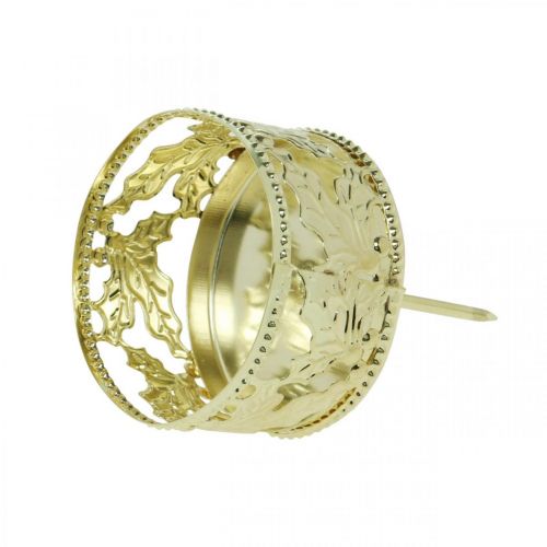 Floristik24 Portavelas para pegar, decoración de Adviento, portavelas decoración de acebo dorado Ø5,5cm 4 piezas