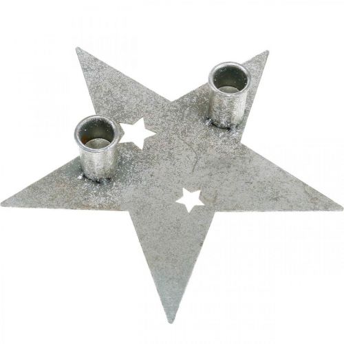 Artículo Estrella de decoración de velas, decoración de metal, candelabro para 2 velas cónicas plateadas, aspecto antiguo 23cm × 22cm