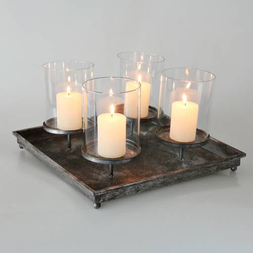 Floristik24 Bandeja de Adviento con 4 candelabros 40 × 40cm aspecto antiguo metal / vidrio plateado