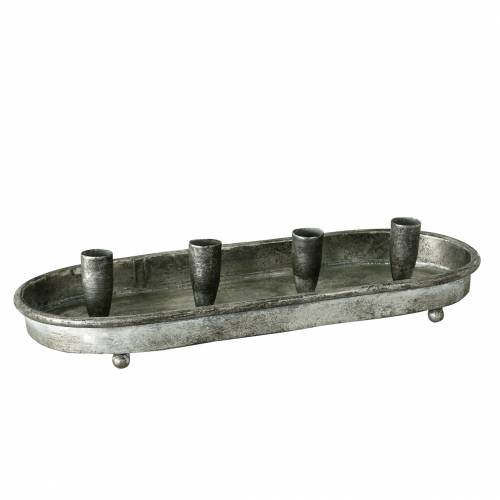 Bandeja para velas ovalada para 4 velas de metal plateado antiguo 40 × 17cm