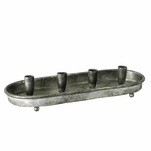 Floristik24 Bandeja para velas ovalada para 4 velas de metal plateado antiguo 40 × 17cm