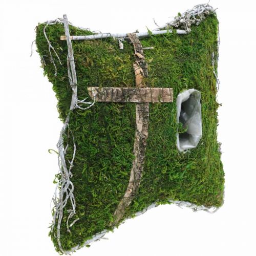 Floristik24 Cojín musgo y enredaderas con cruz para arreglo de tumba 25x25cm