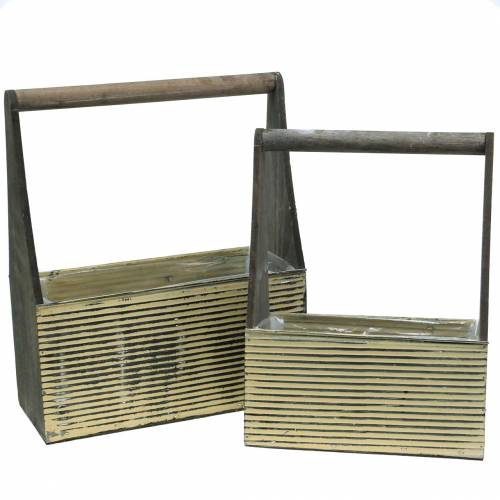 Floristik24 Jardinera con mango crema, gris madera blanca lavada metal 30 × 12.5cm / 28 × 12cm juego de 2