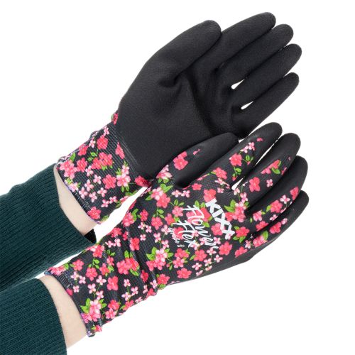 Artículo Guantes de jardinería Kixx, negros con flores rosas, talla 8