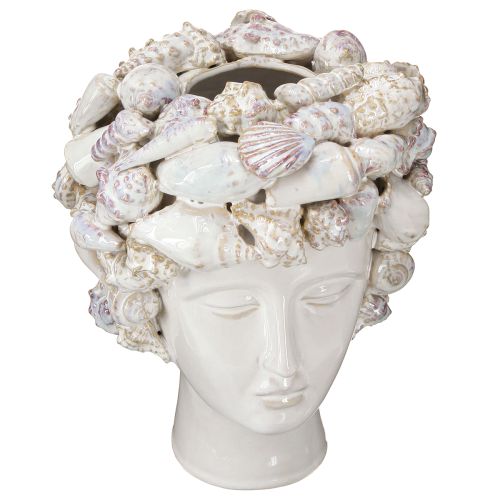 Jarrón de cerámica con forma de cabeza y conchas – Busto decorativo mediterráneo para plantas y flores de 25 cm