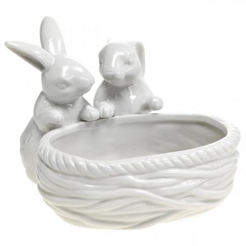 Artículo Conejos con nido, decoración de mesa, nido de Pascua, decoración de porcelana, cuenco decorativo blanco L15cm H11cm