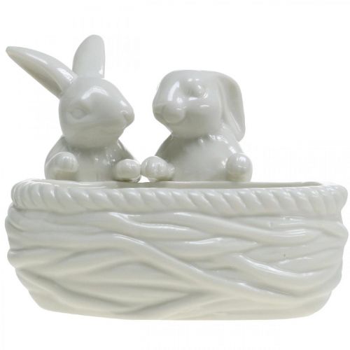Artículo Conejos con nido, decoración de mesa, nido de Pascua, decoración de porcelana, cuenco decorativo blanco L15cm H11cm