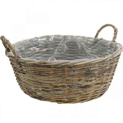 Artículo Cesta con asas, recipiente de madera trenzada, cuenco para plantas natural, blanco lavado H18.5cm Ø51cm