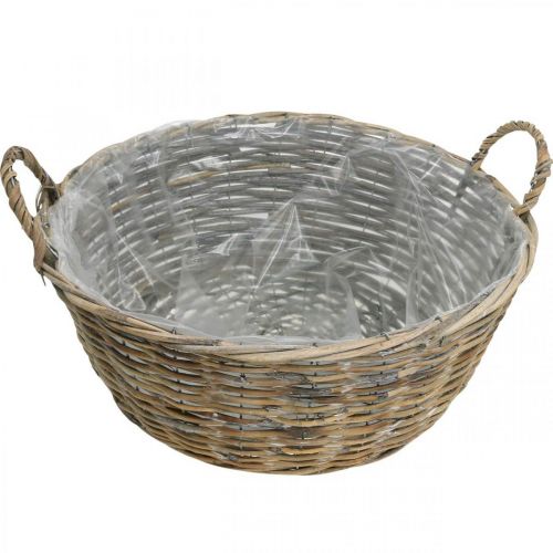 Artículo Cesta con asas, recipiente de madera trenzada, cuenco para plantas natural, blanco lavado H18.5cm Ø51cm