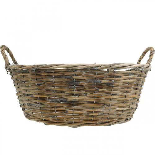 Artículo Cesta con asas, recipiente de madera trenzada, cuenco para plantas natural, blanco lavado H18.5cm Ø51cm