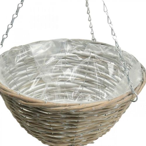 Artículo Cesta de flores para colgar, macetero trenzado natural, blanco lavado H17cm Ø35cm