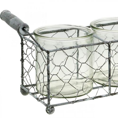 Floristik24 Jarrón de cristal decorativo vintage Farol en cesta de alambre Blanco 32×10,5 cm