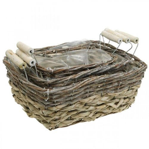 Artículo Cesta para plantas con asas, cuenco de cesta cuadrado, macetero natural para plantar shabby chic blanco lavado L30/25,5/21 cm H12/11/10 cm juego de 3