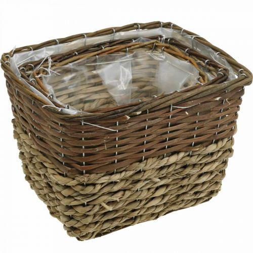 Artículo Cesta de plantas, recipiente natural para plantar, cuenco de flores cuadrado natural L29,5/26/23cm H21/19/16cm juego de 3