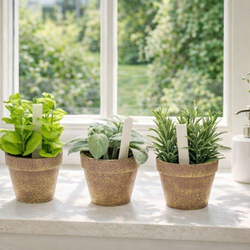 Artículo Macetas con hierbas artificiales decorativas para jardín, balcón o terraza 15cm, 3 pzs