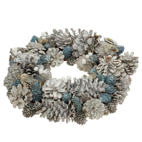 Floristik24 Corona de conos con purpurina blanco, azul, natural Ø32cm