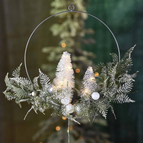 Artículo Corona luminosa con abetos y bolas, Adviento, decoración de invierno para colgar, anillo de decoración LED plateado L45cm Ø30cm