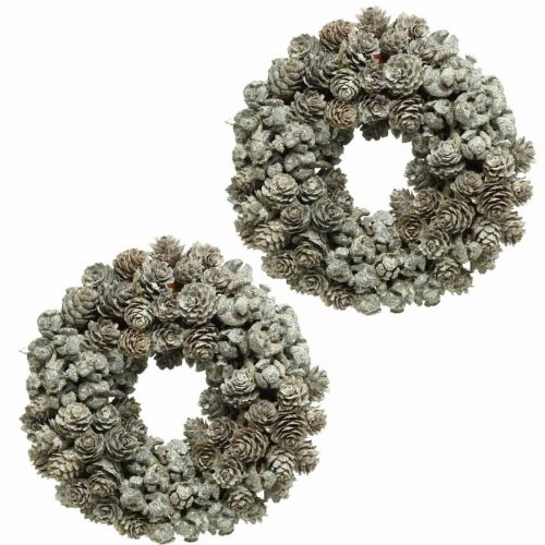 Deco corona conos alerce y ciprés blanco, purpurina Ø20cm 2ud