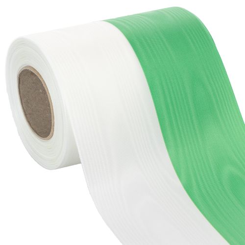 Artículo Cinta de moiré para coronas, 125 mm x 25 m, en verde y blanco, cinta tejida en tafetán, cinta nacional, cinta decorativa.